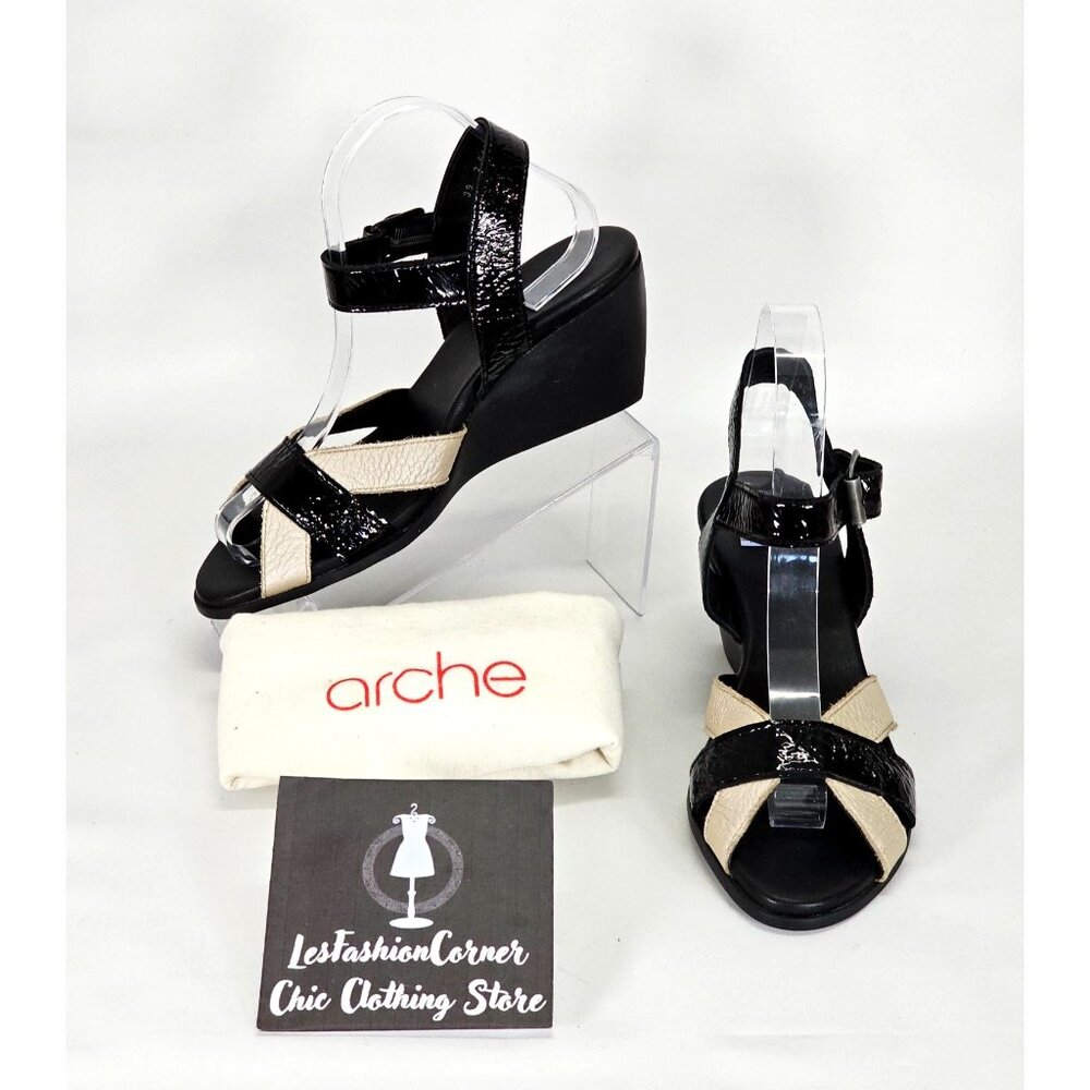 Arche Women's Black Beige Patent Leather Wedge Sandals Peep Toe Sz 8.5 1976